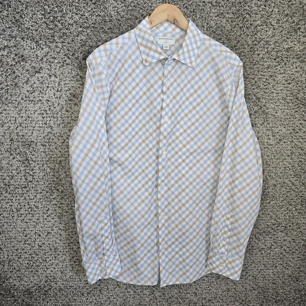 Banana Republic Shirt Mens Large 16-16.5 Blue Plaid Button Up Slim Fit‎ Casual